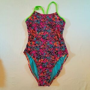 TYR One Piece Swimsuit Neon Abstract Print Training Swimwear Sz 36 / US 12